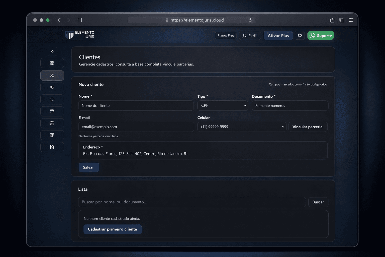 Tela de clientes do Elemento Juris