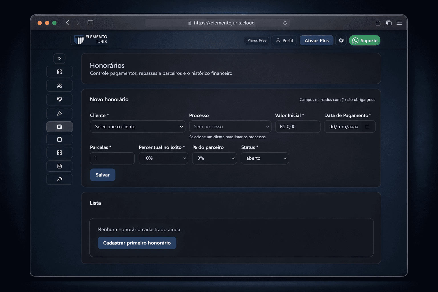 Tela de honorários do Elemento Juris