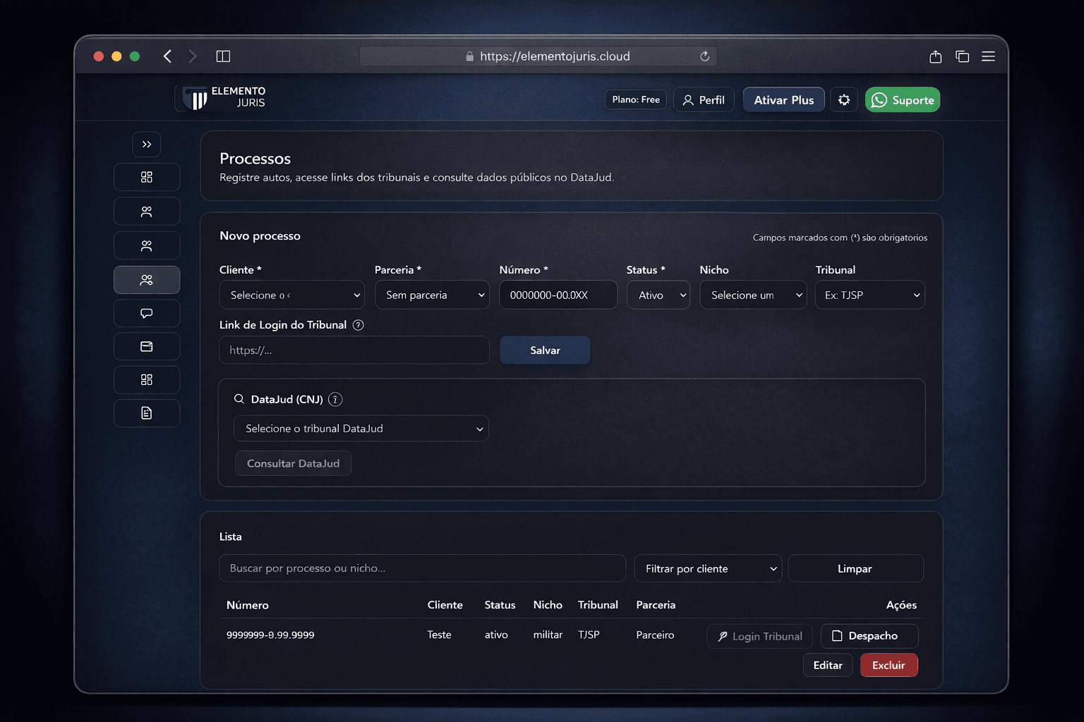 Tela de processos do Elemento Juris