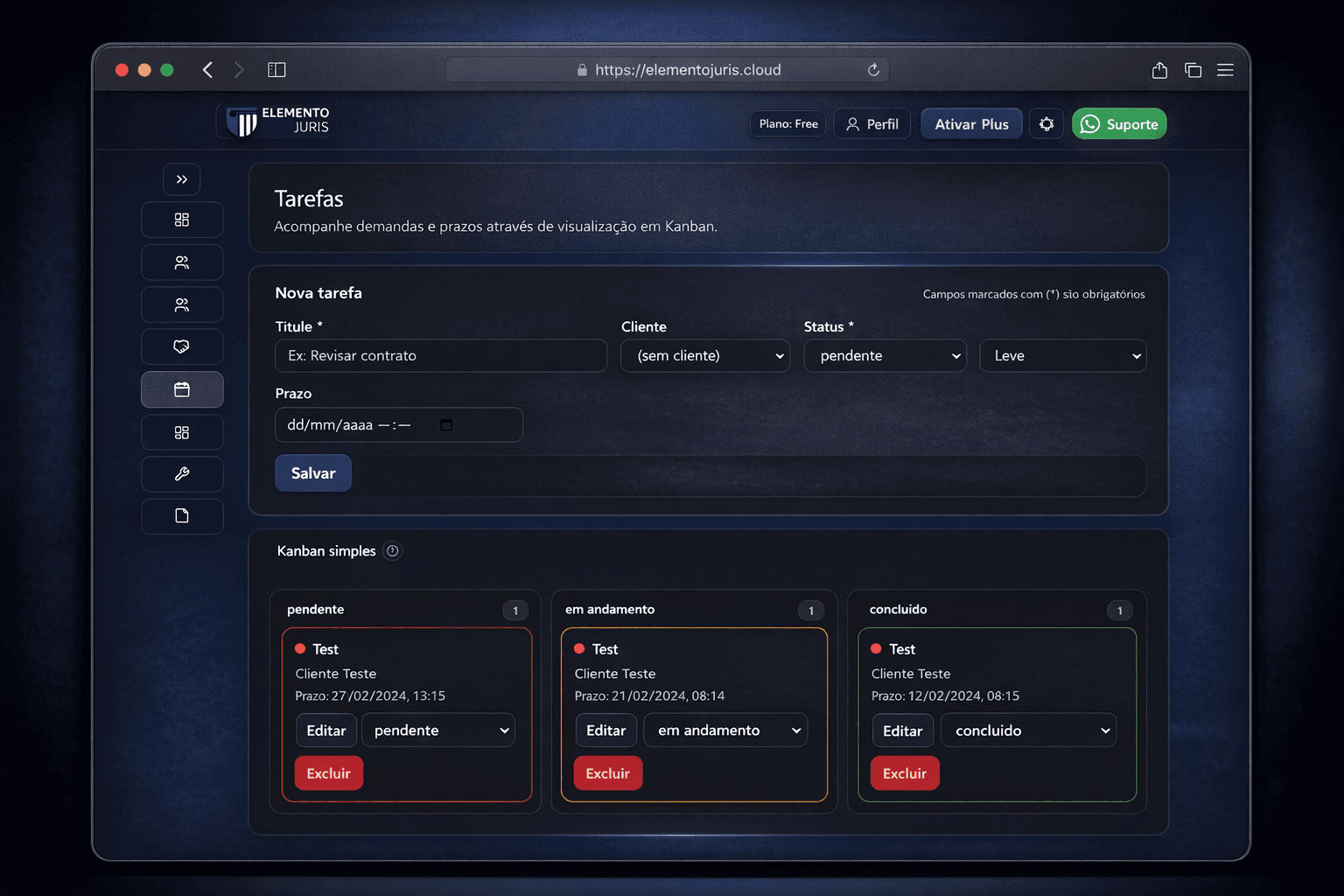 Tela de tarefas do Elemento Juris